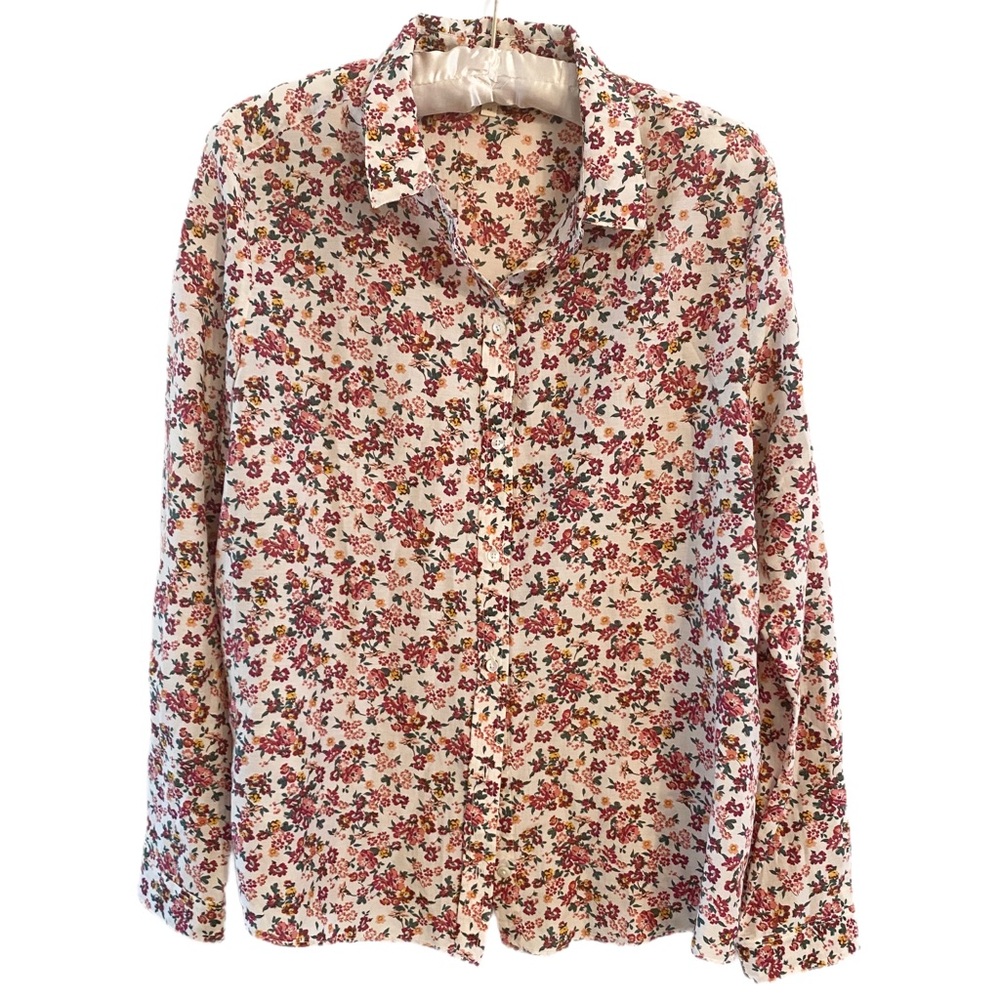 Sézane "Pierro" Coquette Long Sleeve Button-Up Floral Blouse Size 8
